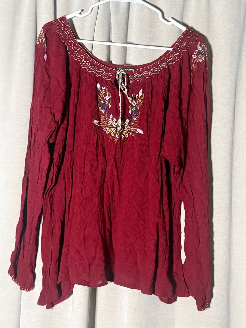 Passport Women's Embroidered Maroon Long-Sleeve Peasant Top Size XL